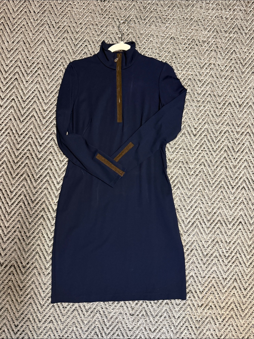 J. McLaughlin Navy Long-Sleeve Mock Neck Dress with Brown Trim